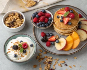 Different serving ideas for Greek yogurt, including pancakes, dips, and parfaits.