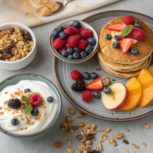 Different serving ideas for Greek yogurt, including pancakes, dips, and parfaits.