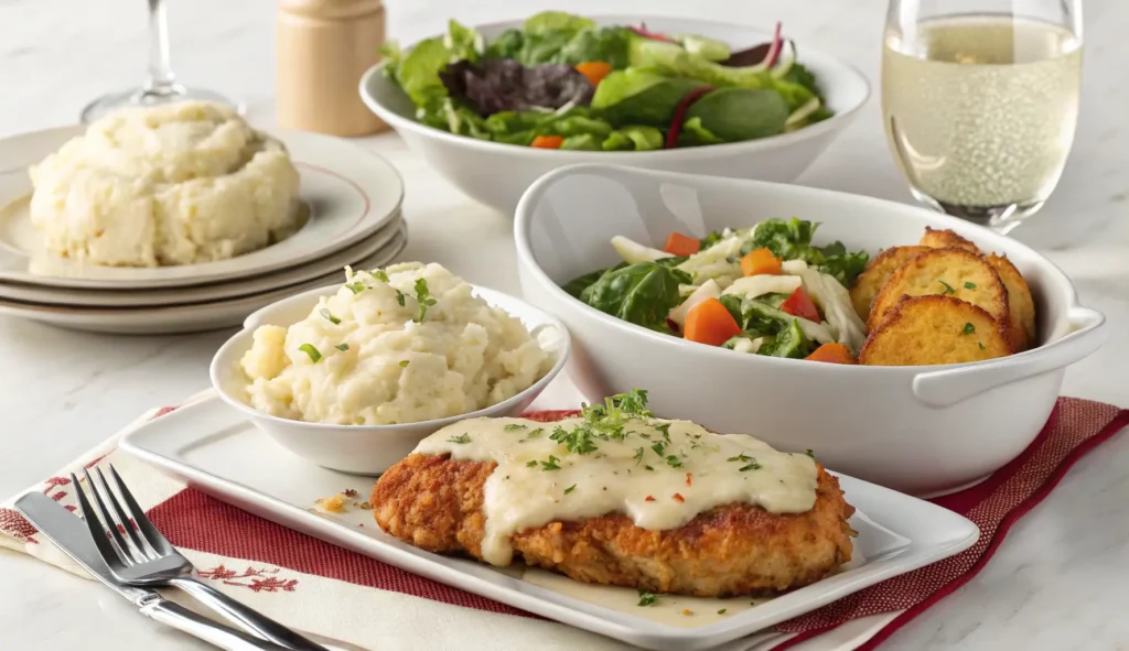 Serving suggestions for Longhorn Steakhouse Parmesan Chicken, including sides and garnishes.