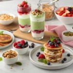Different serving ideas for Greek yogurt, including pancakes, dips, parfaits, and smoothies, beautifully arranged on a dining table.