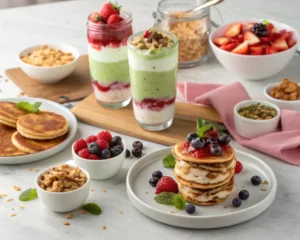 Different serving ideas for Greek yogurt, including pancakes, dips, parfaits, and smoothies, beautifully arranged on a dining table.