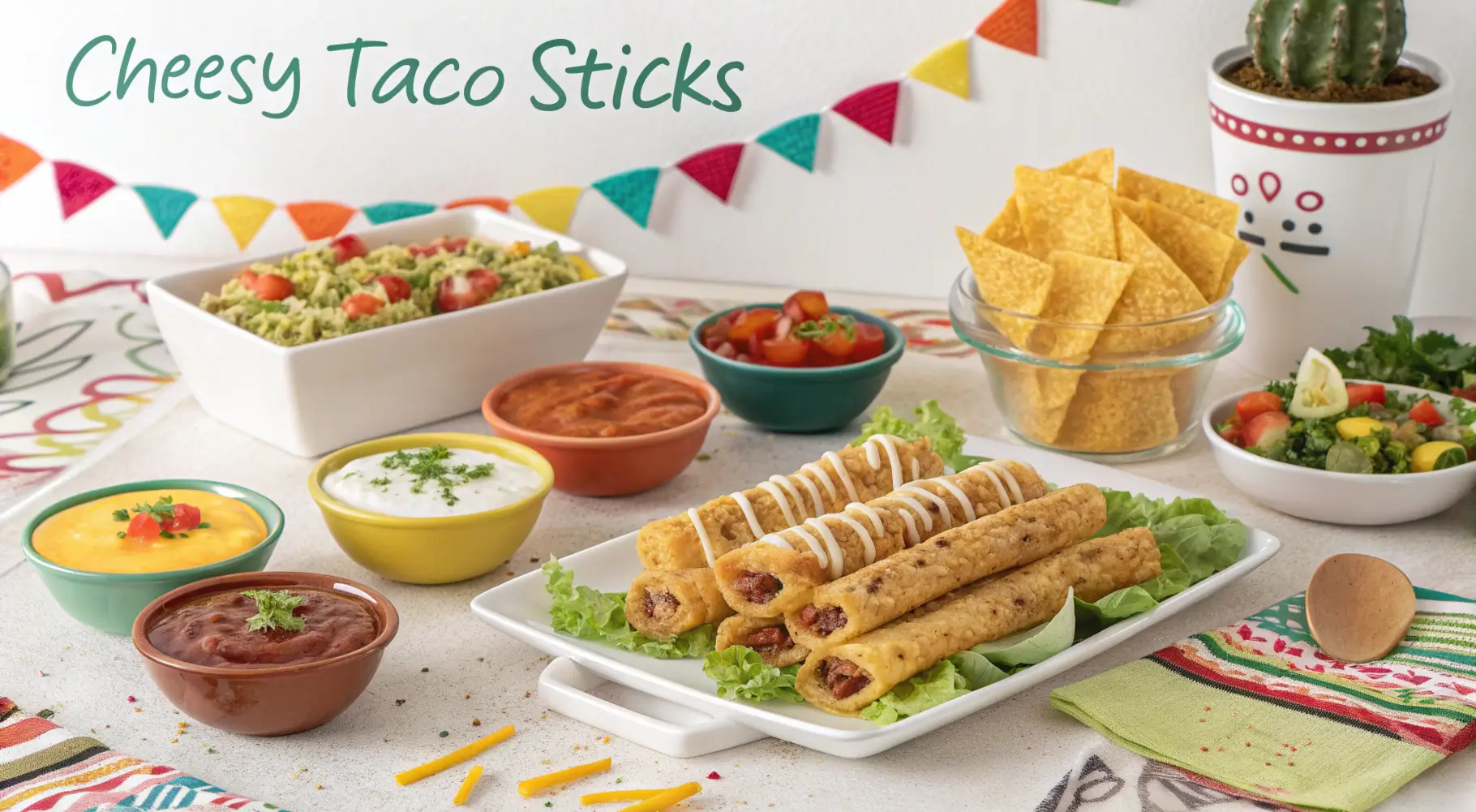 Various serving ideas for Cheesy Taco Sticks with dips and garnishes.