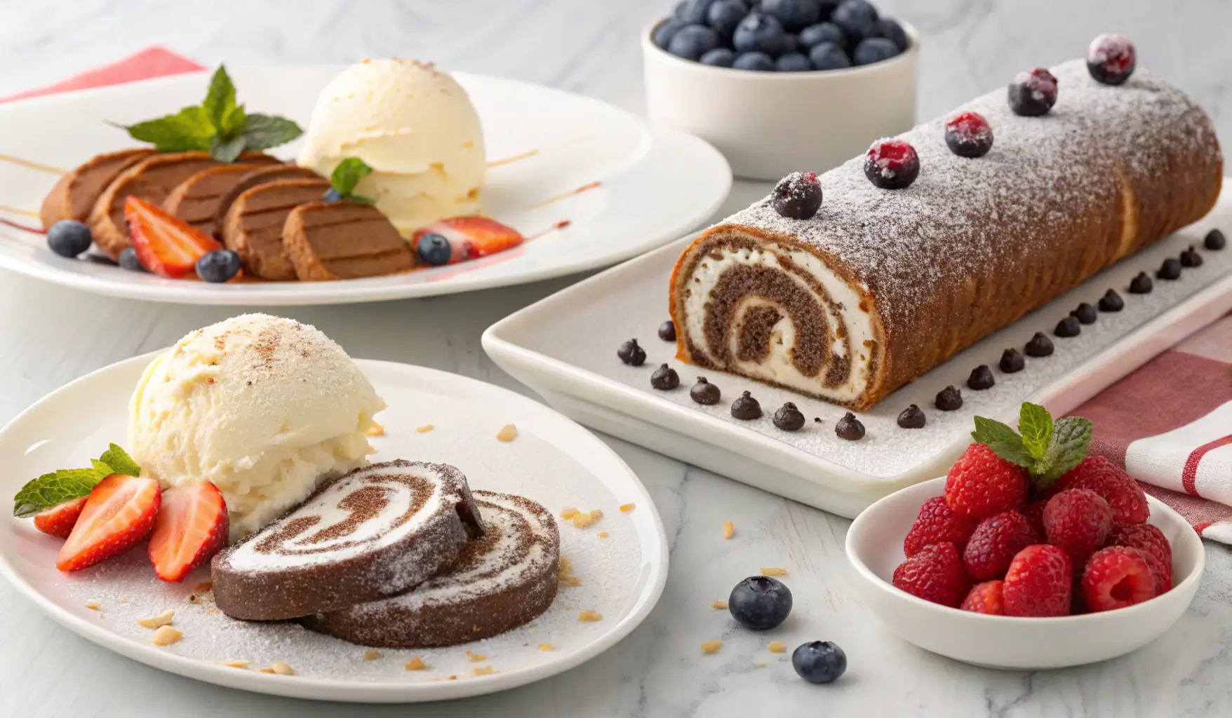 Different serving suggestions for choco swiss roll delight.