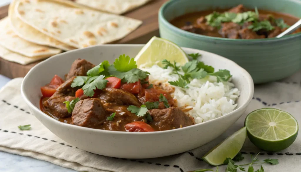 A bowl of Carne Guisada served with rice and tortillas.