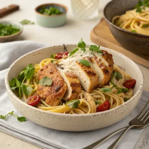 A delicious serving of chicken and pasta, garnished and ready to eat.