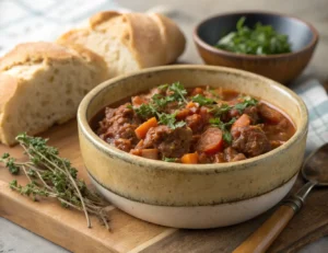 Delicious crock pot recipe with ground beef served in a bowl.