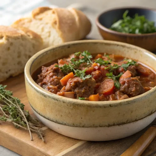 Delicious crock pot recipe with ground beef served in a bowl.