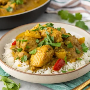 A plate of Authentic Jamaican Curry Chicken served with rice and garnished with herbs.