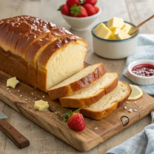 Freshly baked Easy Sweet Condensed Milk Bread served with butter and fruit.