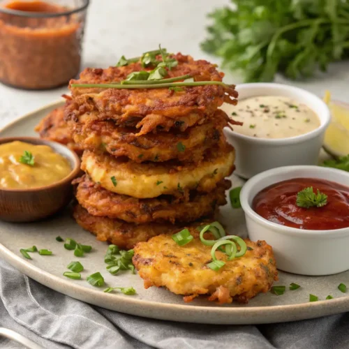 A plate of crispy Amish onion fritters served with various dipping sauces and garnished with herbs.