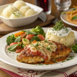 Plated Longhorn Steakhouse Parmesan Chicken with sides, beautifully garnished.