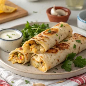 Delicious Cheesy Garlic Chicken Wraps served on a plate with herbs.
