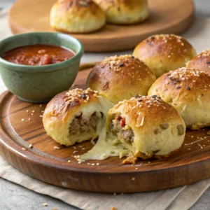Freshly baked Garlic Parmesan Cheeseburger Bombs served with marinara sauce.