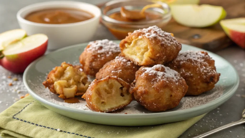 Delicious Apple Fritter Bites served warm, dusted with powdered sugar and accompanied by caramel sauce.