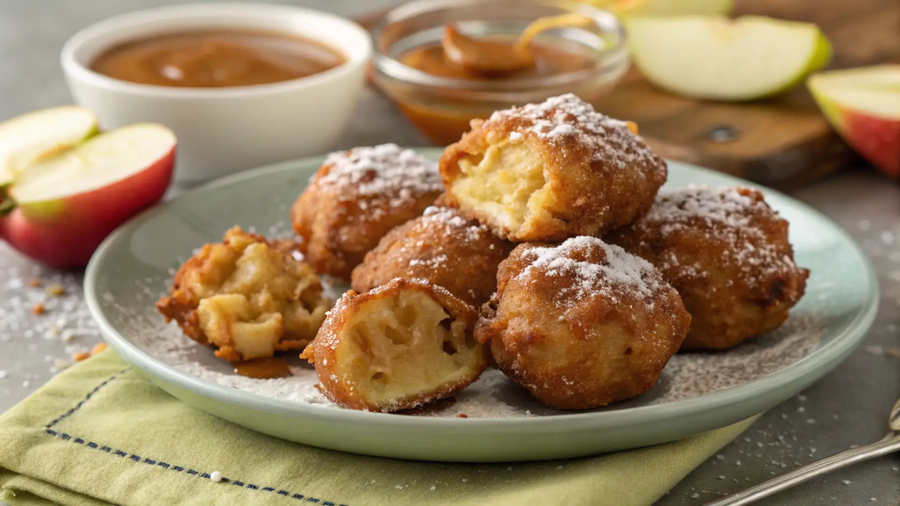 Delicious Apple Fritter Bites served warm, dusted with powdered sugar and accompanied by caramel sauce.