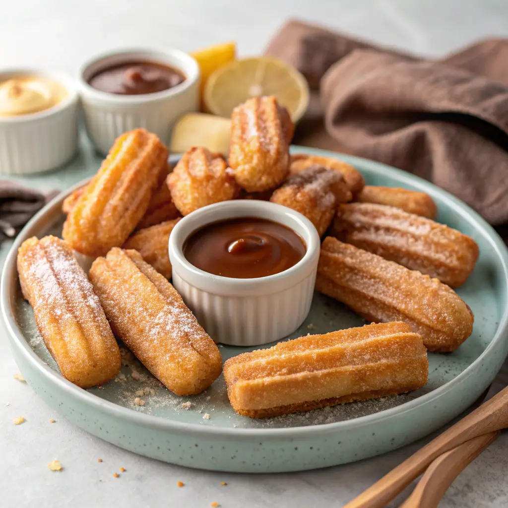 Delicious Sweet Air Fryer Churro Bites served with chocolate and caramel dipping sauces.