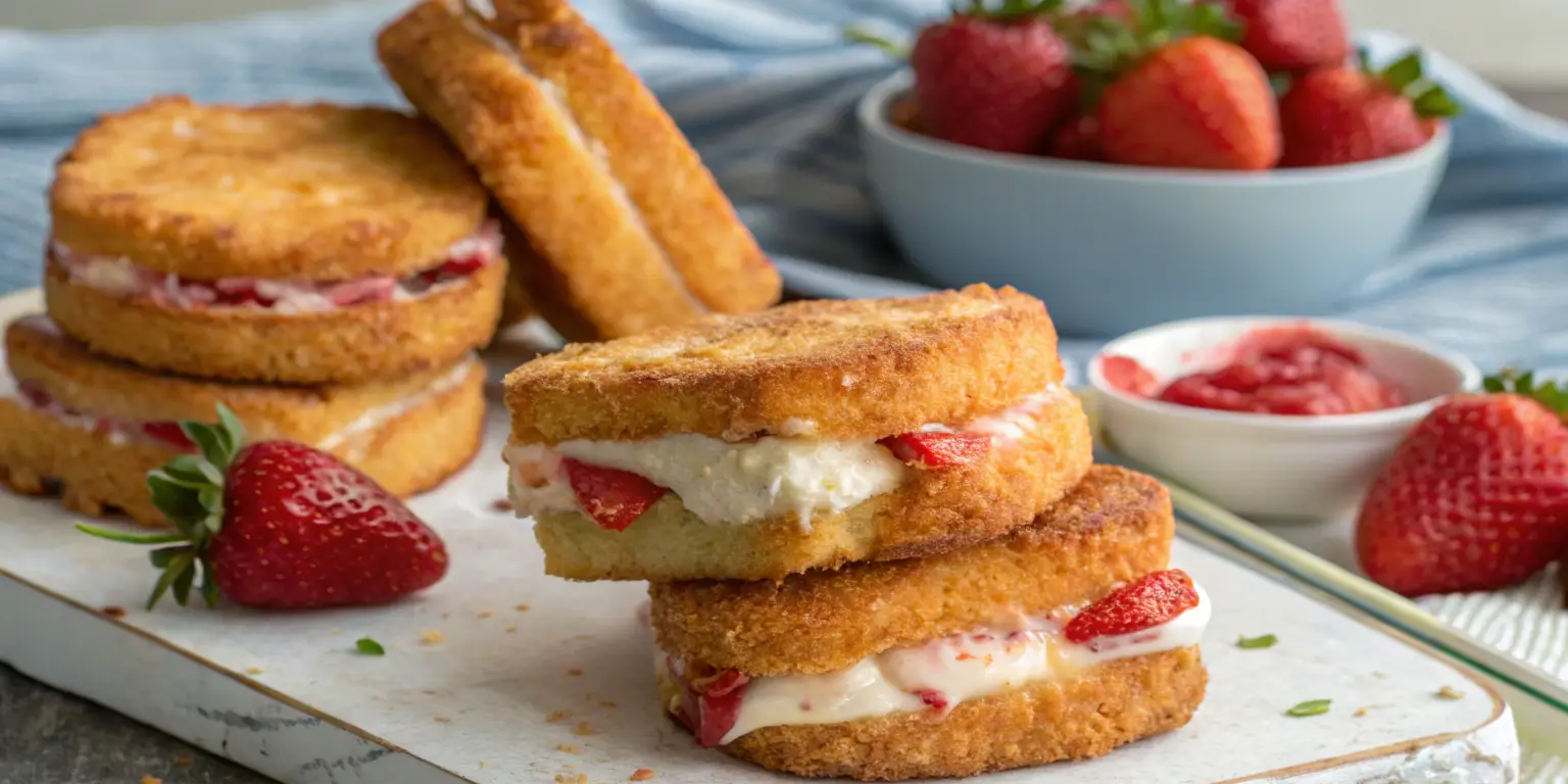 Delicious Fried Strawberry Cheesecake Sandwiches served with fresh strawberries.