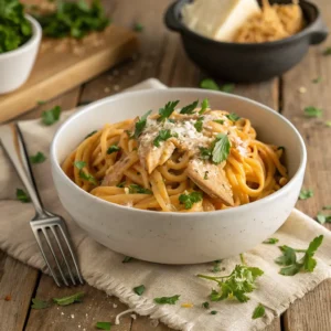 A bowl of Rotisserie Chicken Pasta garnished with herbs and cheese.