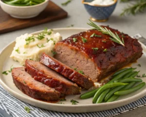 A beautifully plated smoked meatloaf, sliced and garnished, served with mashed potatoes and green beans.