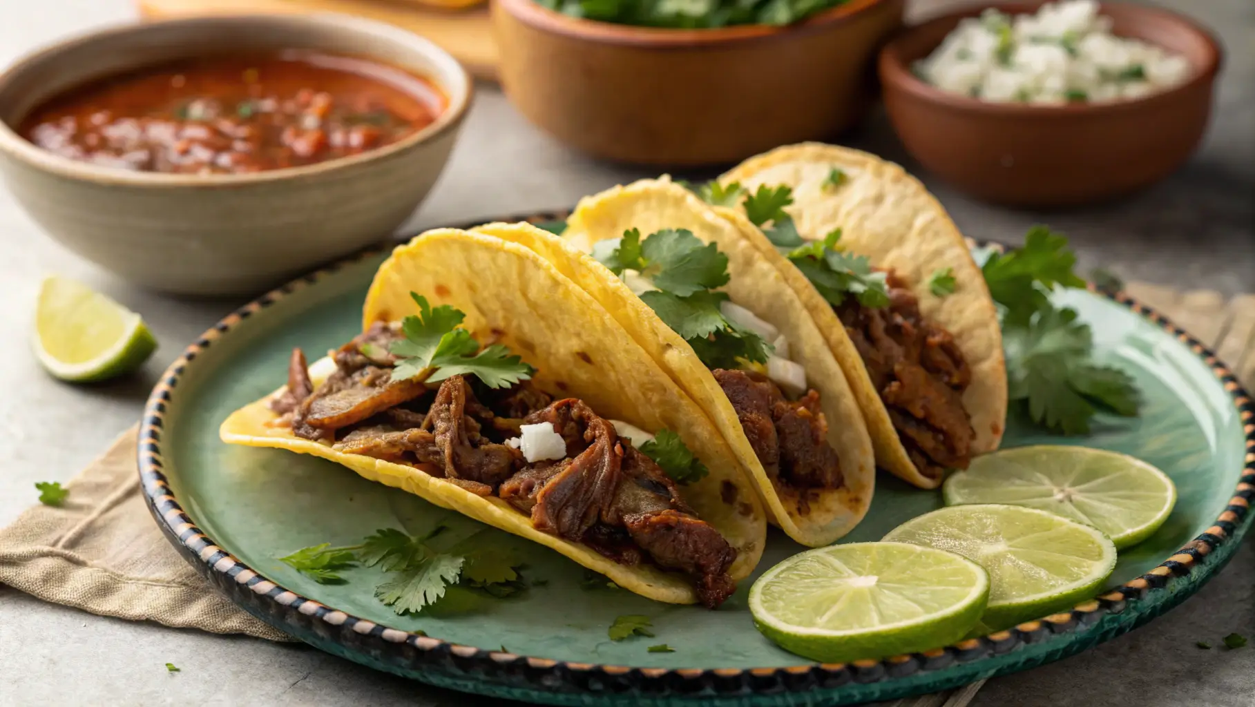 Delicious Fave Birria Tacos served with garnishes and consomé.