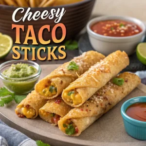 A platter of Cheesy Taco Sticks served with salsa and guacamole.