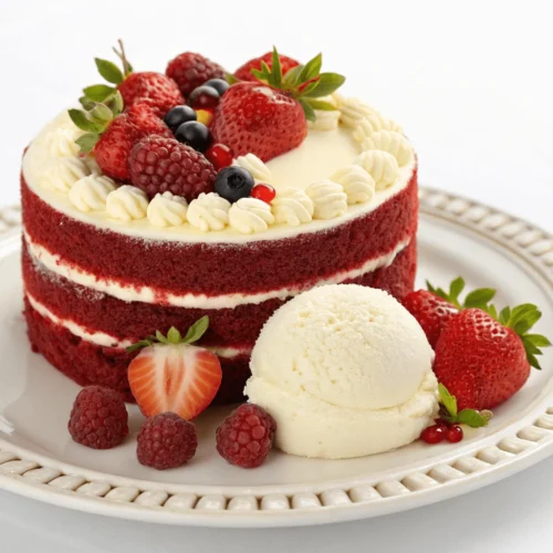 A beautifully served red velvet cake with ice cream and berries.