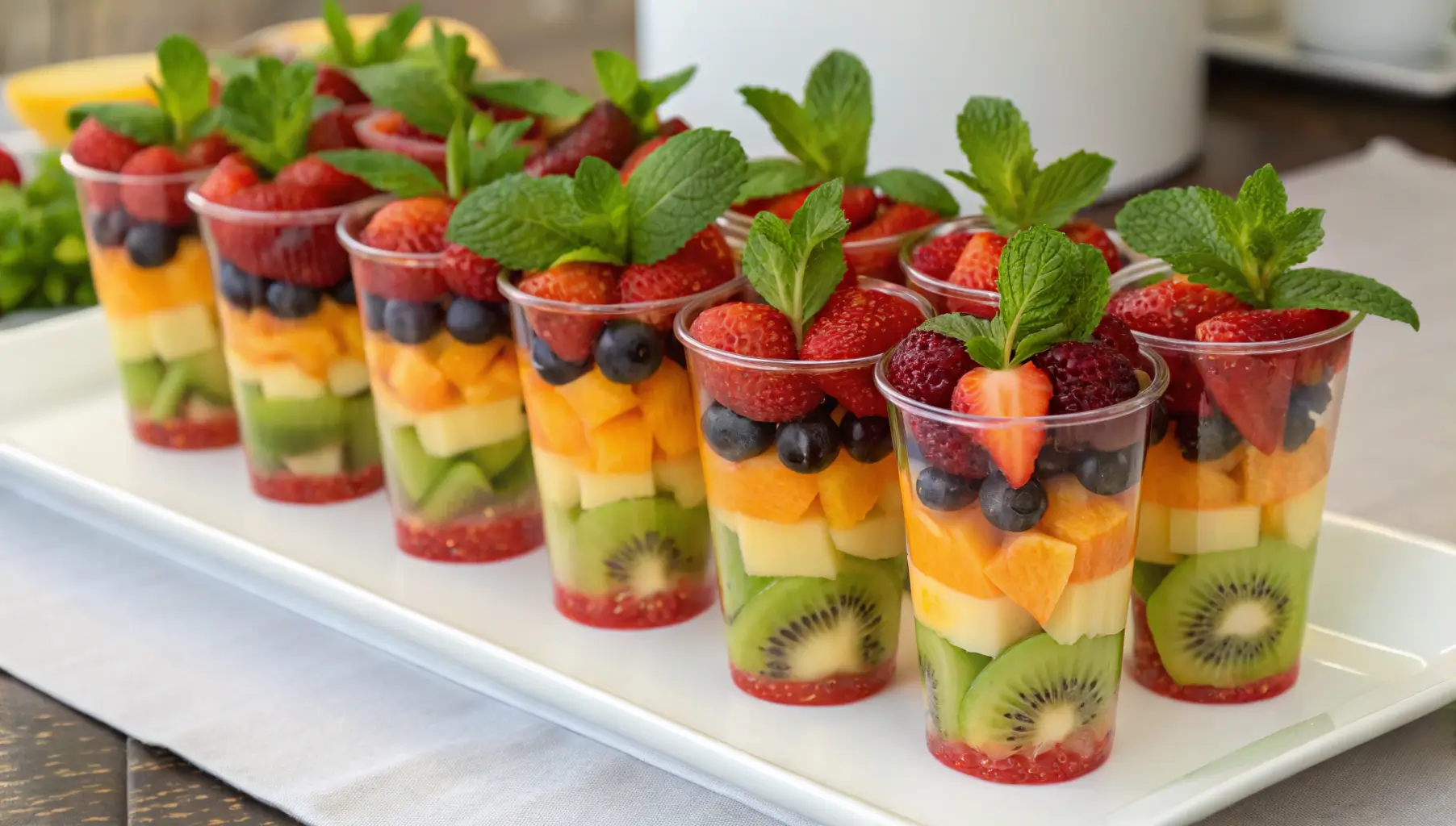 A stunning display of party fruit cups filled with layers of colorful fruits, garnished with mint leaves.