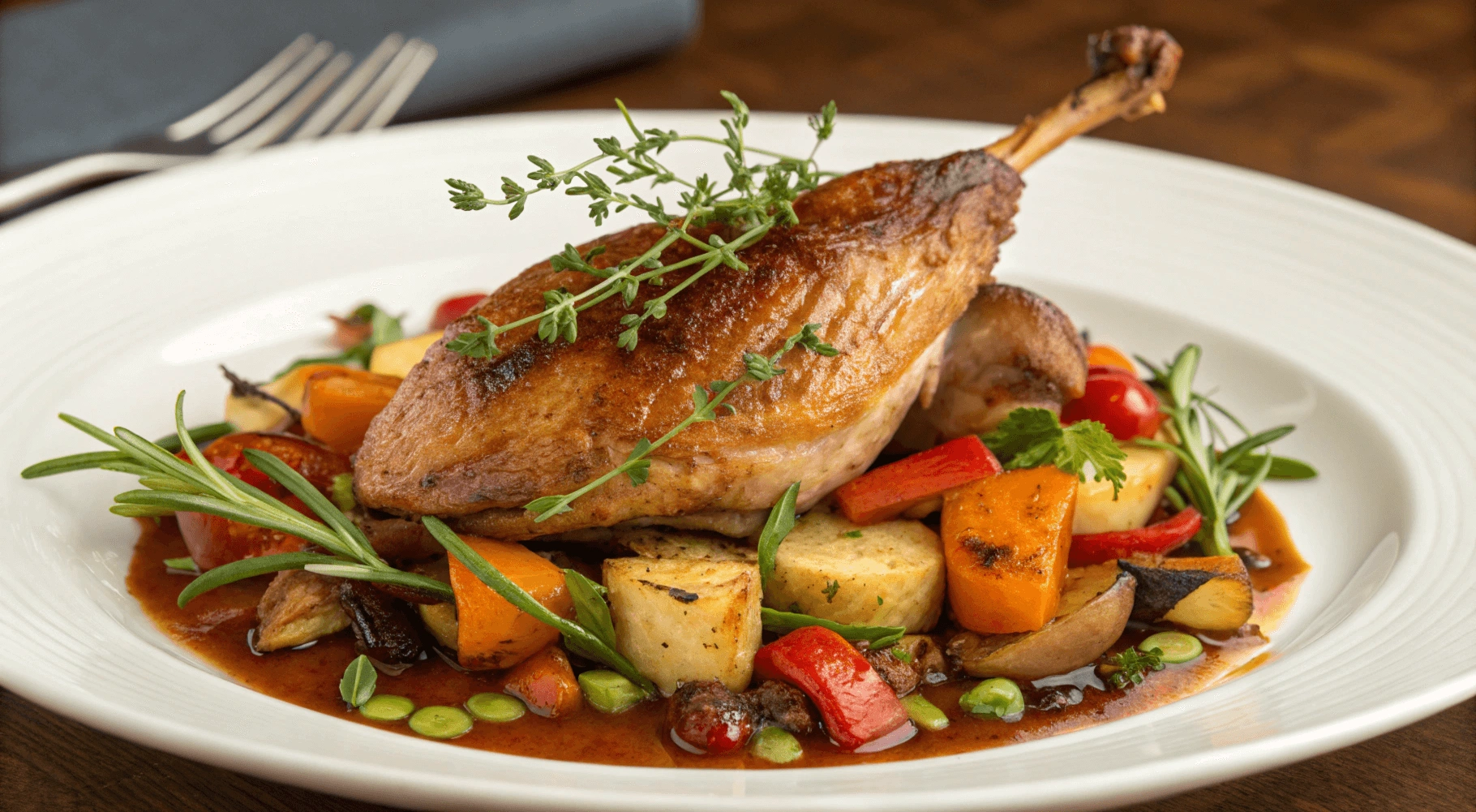A beautifully plated pheasant dish with sautéed vegetables and herbs.