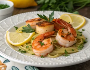 A beautifully plated dish of shrimp and scallops garnished with fresh herbs and lemon wedges.