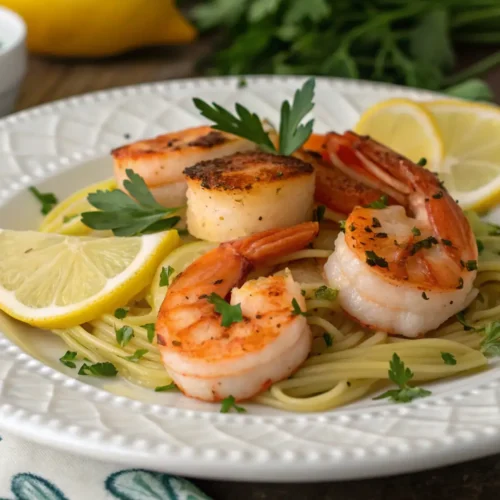 A beautifully plated dish of shrimp and scallops garnished with fresh herbs and lemon wedges.