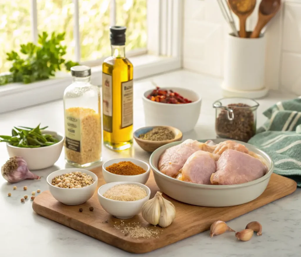 A variety of ingredients for pellet grill recipes, including chicken thighs, olive oil, garlic powder, and spices.
