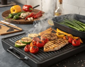 A Blackstone grill with colorful grilled vegetables and chicken cooking on it.