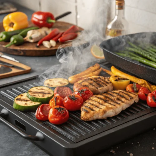 A Blackstone grill with colorful grilled vegetables and chicken cooking on it.