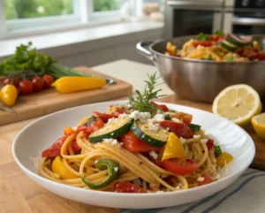 A vibrant plate of pasta with sautéed vegetables and cheese, garnished with herbs.