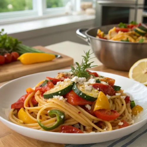 A vibrant plate of pasta with sautéed vegetables and cheese, garnished with herbs.