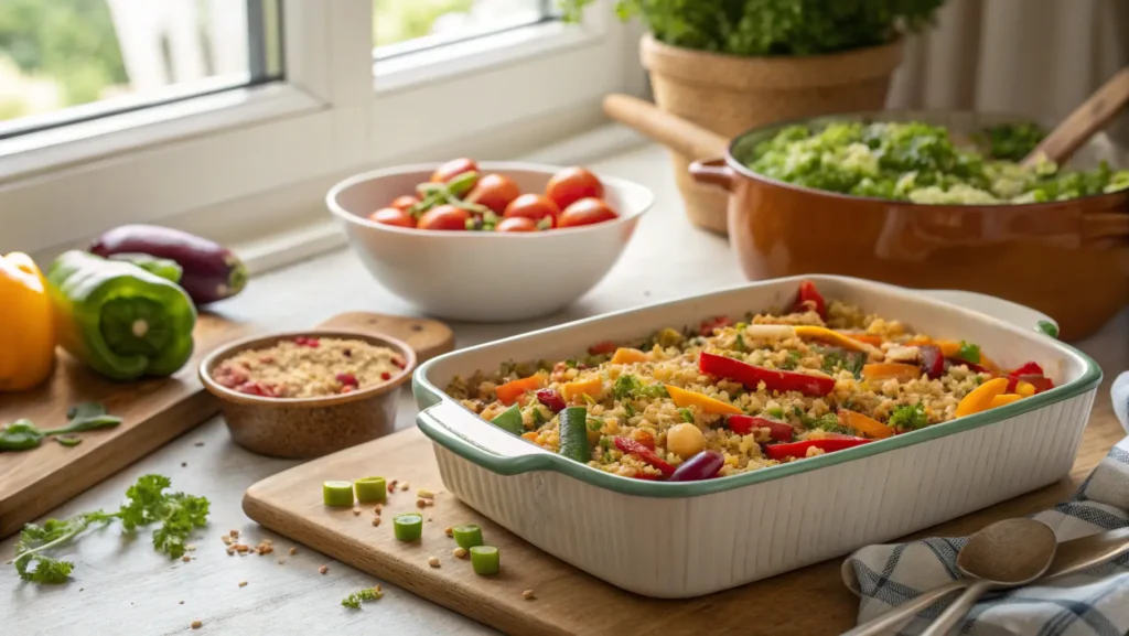 A vibrant vegan casserole being prepared with fresh vegetables and quinoa in a cozy kitchen.