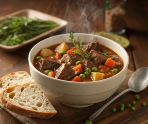 A comforting bowl of crock pot beef stew with herbs and bread.