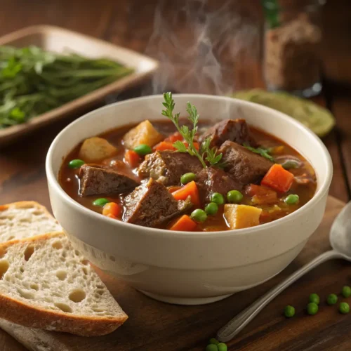 A comforting bowl of crock pot beef stew with herbs and bread.