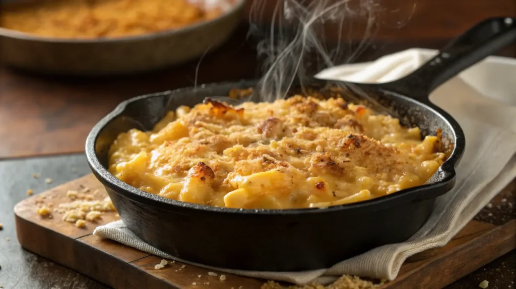 A delicious serving of smoked mac and cheese in a cast-iron skillet, topped with breadcrumbs and garnished with herbs.