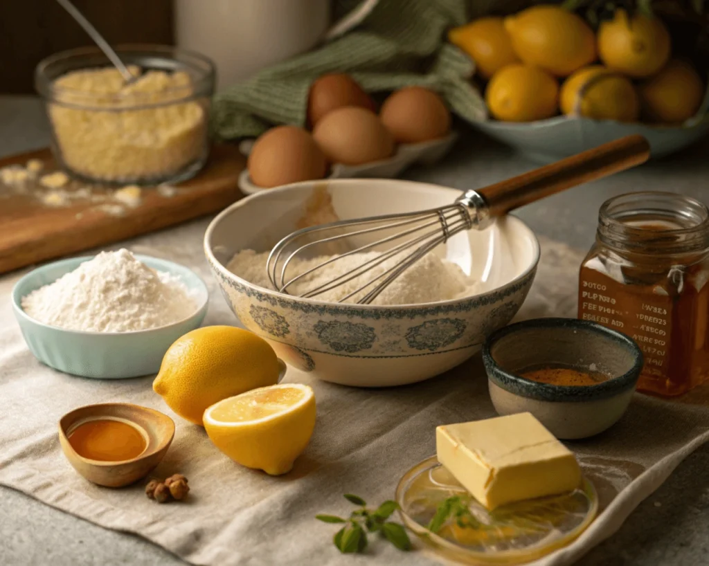 Ingredients and tools for making Vanilla Honey Lemon Cake on a kitchen countertop.