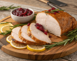 A beautifully smoked turkey breast, sliced and garnished, ready to be served.
