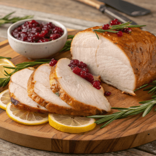 A beautifully smoked turkey breast, sliced and garnished, ready to be served.
