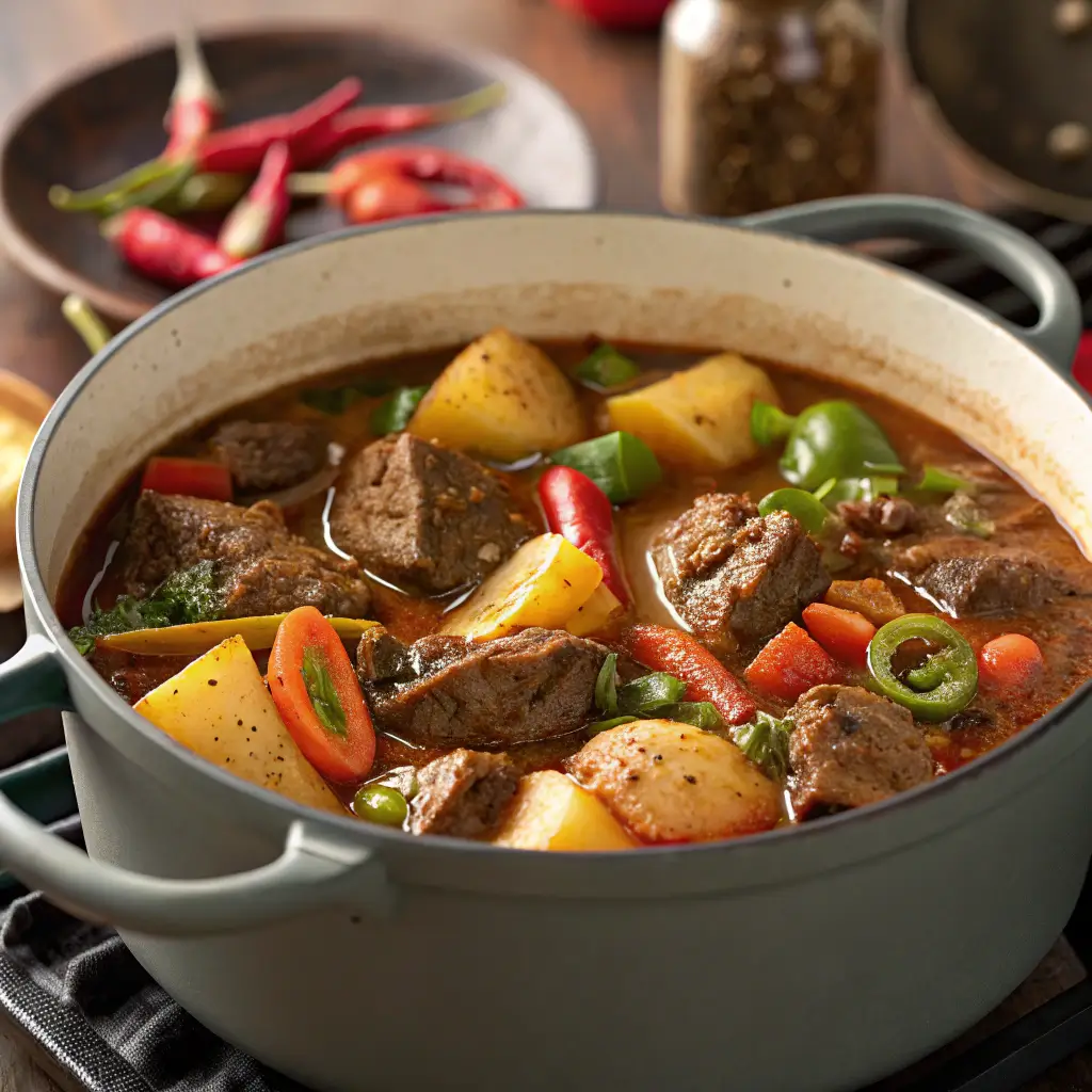 A pot of Carne Guisada simmering with colorful vegetables and spices.