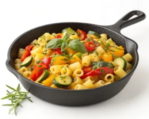 A skillet filled with ditalini pasta mixed with sautéed vegetables and garnished with fresh herbs.