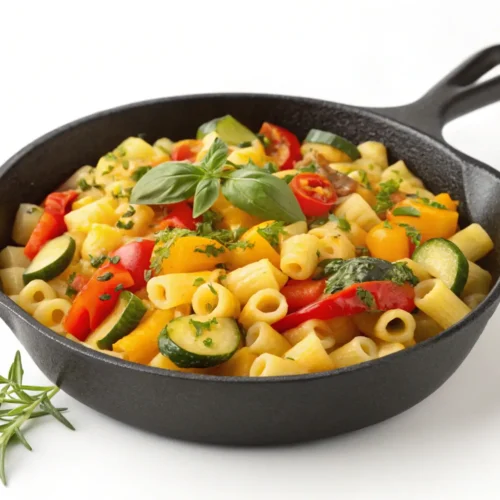 A skillet filled with ditalini pasta mixed with sautéed vegetables and garnished with fresh herbs.