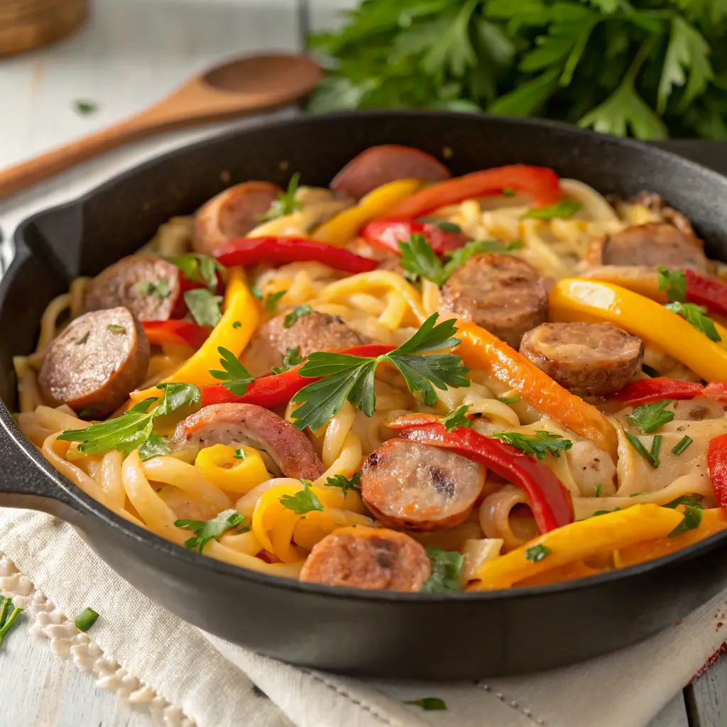 A skillet filled with Cajun Sausage Pasta, featuring colorful bell peppers and creamy sauce.