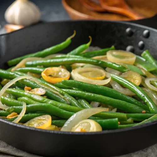 A skillet with sautéed canned green beans, garlic, and onions, garnished with herbs.