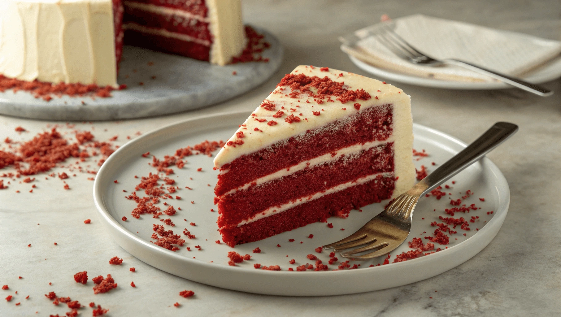 A slice of red velvet cake on a plate with a fork.