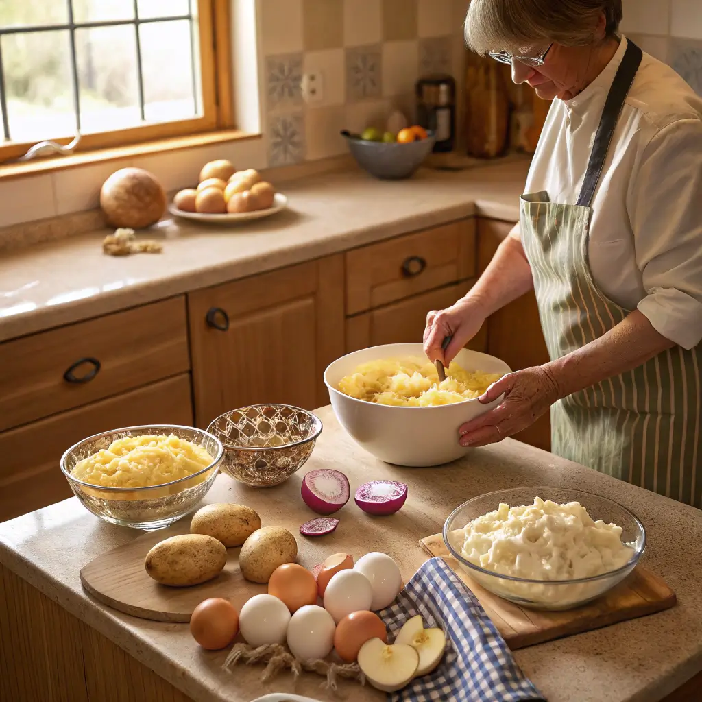 Pro tips for making Passover potato pie with ingredients and tools.