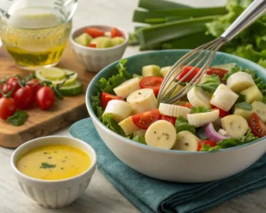 A vibrant hearts of palm salad with fresh vegetables and a zesty dressing being prepared.